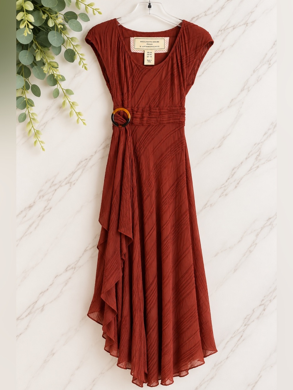 Moulinette Soeurs Anthropologie Rust Asymmetrical Maxi Dress Sz 2 Fall Romantic